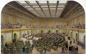 Vue intérieure de la Chambre des représentants du Capitole des États-Unis montrant le Congrès en session et les spectateurs dans la galerie - Gravure de 1866. - Unknown artist
