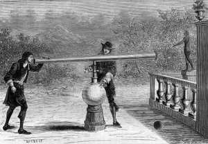 Invention : Sarbacane ou fusil pneumatique par Otto von Guericke (1602-1686), inventeur allemand. Gravure dans « La Nature » - Unknown artist