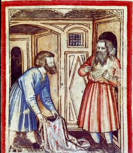 Jacob apprend la mort de son fils Joseph, vendu par ses frères aux Égyptiens. Miniature du codex 212 (ou padovano ou Bible de Padoue) 1390-1400 - Unknown artist