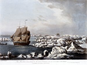 Voyages de James Cook : le bateau Resolution au premier plan et le Discovery pris dans la glace à l