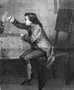 James Watt (1736-1819) enfant découvrant les lois de la vapeur. Gravure de 1868 d