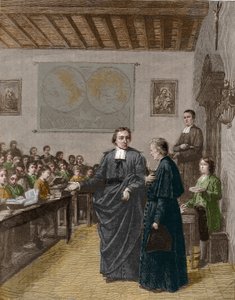Jean-Baptiste de La Salle, religieux français, fondateur de la congrégation des Frères des écoles chrétiennes, montrant une de ses écoles à M. de La Chétardie. Gravure de la fin du XIXe siècle - Unknown artist