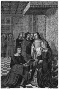 Jean Marot, poète (1463-1526), offrant un volume de poésie à la reine Anne de France. Gravure du 19ème siècle. - Unknown artist