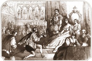 Jean Nicot présentant la plante de tabac à Catherine de Médicis et au Grand Prieur de la Maison de Lorraine. Lithographie du 16e siècle vers 1868 - Unknown artist