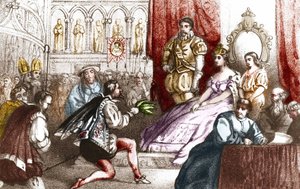 Jean Nicot présentant la plante de tabac à Catherine de Médicis et au Grand Prieur de la Maison de Lorraine. XVIe siècle. Gravure du XIXe siècle - Unknown artist