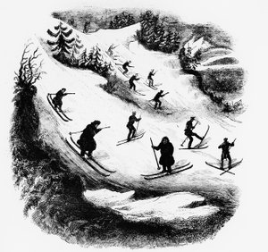 Jeux du Nord : skieurs descendant une piste - gravure, fin 19e siècle - Unknown artist