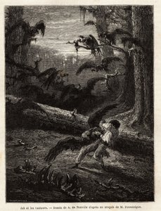 Job (compagnon de voyage du rédacteur), attaqué par des vautours. Gravure pour illustrer le récit Quatre mois en Floride, par M. Pousselgue, en 1851-1852, publié dans « le tour du monde », sous la direction d