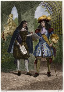 Jean-Baptiste Colbert (1619-1683) avec Louis XIV, Roi de France et de Navarre (1638-1715). Gravure du XIXe siècle. Collection privée.