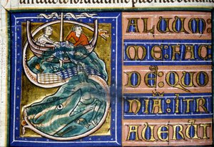 Jonas est jeté à la mer et dévoré par un énorme poisson. Manuscrit du XIVe siècle. Bibliothèque municipale de Vercelli - Unknown artist