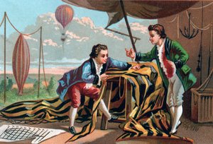 Joseph (1740-1810) et Étienne (1745-1799) de Montgolfier (frères) ont inventé les aérostats en 1783. Chromolithographie de la fin du XIXe siècle.