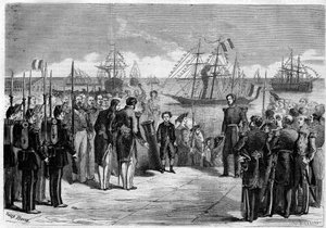 Voyage de Sa Majesté le Prince Impérial Napoléon Eugène Louis Jean Joseph Bonaparte (1856-1879), fils de Napoléon III, à Cherbourg, France : le prince à bord du yacht « Reine Hortense ». Gravure dans « L