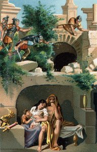Julius Sabinus (Gaulois du peuple des Lingons) et sa femme Eponine restent cachés pendant neuf ans avec leurs enfants dans un souterrain et, une fois découverts, ils sont emmenés à Rome avec leurs deux fils jumeaux. Chromolithographie tardive du 19ème sièc - Unknown artist