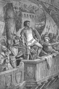 Knut le Grand (Canut I) (994 ou 995-1035) - Les hommes de Knut le Grand sur le pont de Londres, attaqués par Olaf II de Norvège - Gravure dans « Kaiser, König und Papst » par Richard Roth - Unknown artist