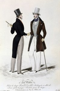 La Mode du 26 juillet 1834 : (mode masculine) costume en drap - pantalon en casimir - redingote avec col en velours - gilet en piqué - pantalon en peau de taupe et haut-de-forme