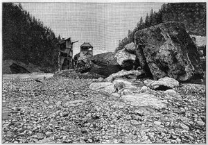 La catastrophe de Saint-Gervais ou catastrophe du glacier de la Tête Rousse (Haute-Savoie) (12-13 juillet 1892) - Bains de Saint-Gervais après la catastrophe avec les énormes blocs transportés par le torrent, Gravure dans « La Nature » - Unknown artist