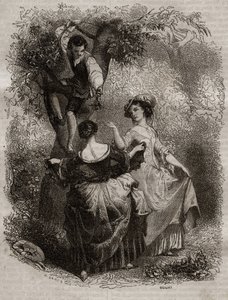 La cueillette des cerises - Illustration pour « Les Confessions » de Jean-Jacques Rousseau (1712-1778) - gravure de 1849