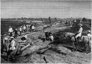 La pose des rails du chemin de fer Transcapien. Gravure dans le journal « La jeunesse »