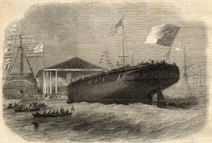 Lancement de la corvette portugaise Sagres à Limehouse (Londres). Gravure dans The Illustrated London News du 5 juin. - Unknown artist
