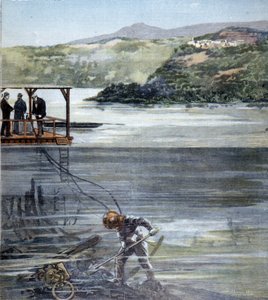 Le scaphandrier Paolo Pardi travaillant sur les bateaux romains dans le lac de Nemi avec le scaphandre Siebe en 1893 - Unknown artist