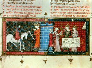 À gauche : Perceval recevant une épée du roi Pescheor. À droite : Procession du Saint Graal. Miniature du « Conte du Graal »