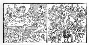 À gauche : Sainte Marie-Madeleine sèche les pieds de Jésus avec ses cheveux. À droite : Sainte Marie-Madeleine monte au Ciel. Manuscrit de 1488 imprimé à Nuremberg. Gravure de « Leben der Heiligen - sommerteil » (Le livre des saints) par Jacobus de Voragin - Unknown artist