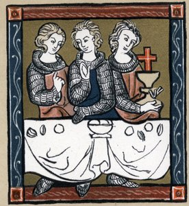 Légende arthurienne : Galahad (Gaalad ou Galaad), Perceval et Bohort (Bors ou Borrt) avec le Saint Graal. Dans « Geschichte der Französischen Literatur » par Hermann Suchier - Unknown artist