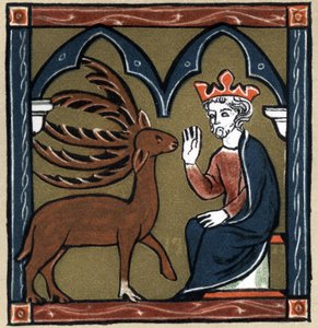 Légende arthurienne : Merlin métamorphosé en cerf à cinq bois visite Jules César. Dans "Geschichte der Französischen Literatur" par Hermann Suchier - Unknown artist