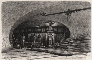 Les égouts de Paris: courbure de la conduite près du pont Saint-Michel, place du Châtelet - Gravure dans « Le Monde Illustré » - Unknown artist