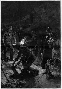 Les ouvriers posent le bitume aux abords du Théâtre-Français (Comédie-Française) dans les rues de Paris et effectuent les travaux du chantier pendant la nuit. Gravure dans "Le Monde Illustré" - Unknown artist