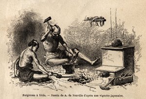 Les forgerons devant leur forge à Yedo (ou Edo, capitale impériale, actuelle Tokyo). Gravure pour illustrer le voyage au Japon, en 1863-1864, par Aimé Humbert, ministre de la Confédération suisse, dans « Le tour du monde, nouveau journal des voyages » publ