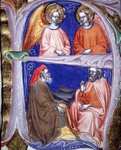 Lettrine représentant des anges et des philosophes qui discutent - dans De civitate dei de Saint Augustin. Manuscrit du 14e siècle. Bibliothèque municipale de Rimini - Unknown artist