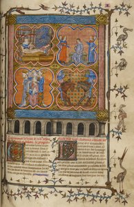 Vie de Jules César : quatre miniatures montrant sa naissance, son divorce, son pontificat et son combat avec Pompée ; texte avec initiales décorées et bordure avec oiseaux et grotesques. - Unknown artist