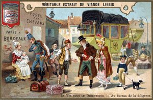 La vie sous le Directoire : au bureau de la diligence. Chromolithographie, image Liebig - Unknown artist