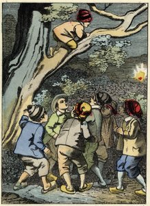 Le Petit Poucet grimpe sur un arbre et cherche son chemin. Il ramasse une lumière dans la forêt. Illustration du conte de Charles Perrault "Le Petit Poucet" - Unknown artist