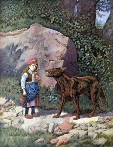 Le Petit Chaperon Rouge rencontrant le loup dans la forêt - dans "Les Contes de Perrault" - Unknown artist