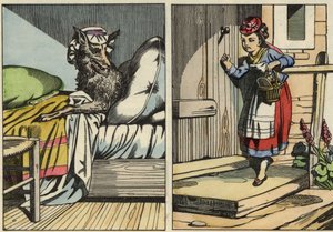 Le Petit Chaperon Rouge frappe à la porte de sa grand-mère. Illustration du conte « Le Petit Chaperon Rouge » de Charles Perrault
