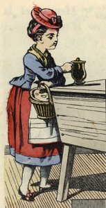 Le Petit Chaperon Rouge met de la nourriture pour sa grand-mère sur la huche. Illustration du conte « Le Petit Chaperon Rouge » de Charles Perrault - Unknown artist