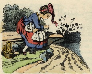 Le Petit Chaperon Rouge se repose en chemin. Illustration du conte "Le Petit Chaperon Rouge" de Charles Perrault