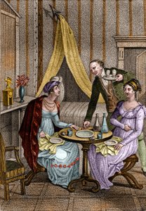 Petit dîner. Olympe de Gouges (1748-1793), femme de lettres et révolutionnaire française avec Céline, une de ses amies. Dans « Conseils à ma fille » par Jean Nicolas Bouilly (1763-1842). 1820. Collection privée. - Unknown artist