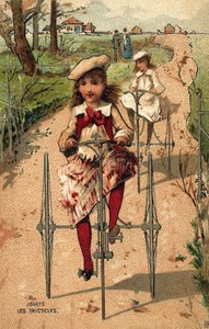 Petites filles faisant du tricycle. Chromolithographie vers 1890.