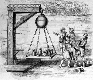 Chargement des hémisphères de Magdebourg suspendus pour calculer la pression atmosphérique - dans « Ottonis de Guericke : Experimenta Nova Magdeburgica de vacuo spatio » par Otto von Guericke (Otto de Guericke)