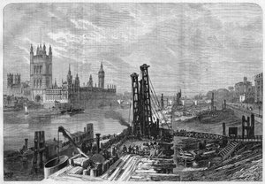 Londres, construction de docks sur la rive sud de la Tamise, en face de la ville administrative de Westminster sur la rive nord. dans « L