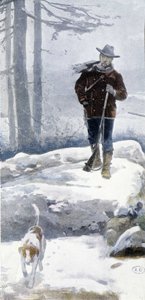 Chasseur solitaire avec chien dans un paysage enneigé, fin du 19ème siècle