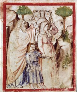 Loth va à la montagne avec ses filles pour échapper à la destruction de Sodome. Les filles enivreront leur père. Miniature du codex 212 (ou padovano codice ou Bible de Padoue) 1390-1400 Rovigo, Accademia dei Concordi