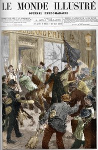 Louise Michel (1833-1905), révolutionnaire française, brandissant un drapeau noir inscrit « pain ou mort », lors du pillage d