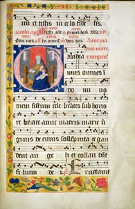 MS.McC.57. f.48r Sainte Anne assise sur un trône, lisant, la Vierge et l