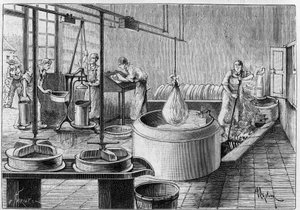 Fabrication du gruyère : une fromagerie moderne. Gravure dans « La Nature : revue des sciences et de leurs applications aux arts et à l