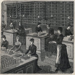 Fabrication de plumes métalliques : tri et emballage des plumes dans une usine en France au XIXe siècle. Gravure de 1885 dans « Les arts et métiers illustrés » par Adolphe Bitard. - Unknown artist