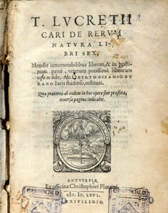 Page manuscrite du volume 6 de De natura rerum (De la nature) par le philosophe latin Lucrèce (Titus Lucretius Carus) (98-55 av. J.-C.) 1564