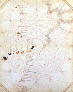 Carte montrant Gibraltar, le Maroc et les îles Canaries. Portulan du 15ème siècle